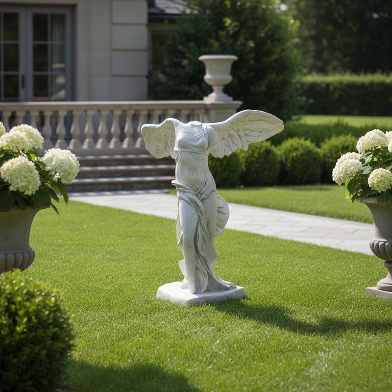 Winged classical Greek statue with draped robes, inspired by old world European and Hellenistic art, featuring ornate detailing. Side Angle