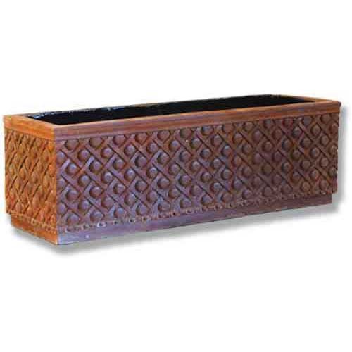 Rectangular planter box with ornate, old world European lattice pattern and classical decorative detailing on all sides.