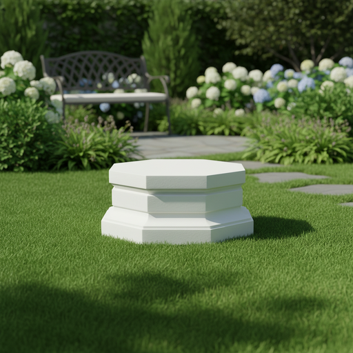 Octagonal pedestal base with tiered, classical architectural design and clean, symmetrical lines in an old world European style. Side Angle