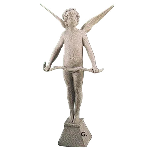 Winged cherub statue in classical old world European style, standing on a pedestal and holding a bow, featuring ornate details.