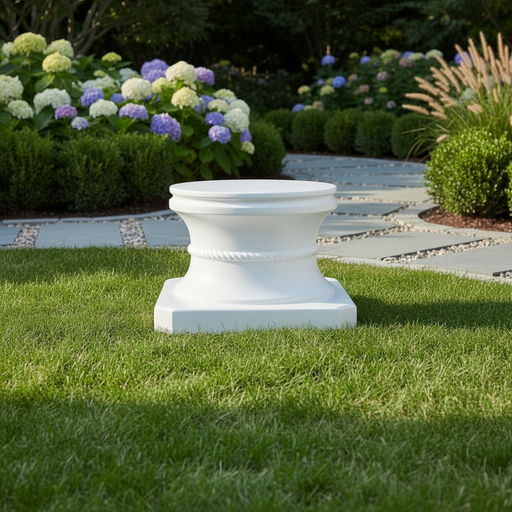Classical pedestal base with ornate rope detailing and rounded edges, inspired by old world European architectural styles. Side Angle