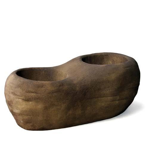 Double basin planter with smooth, rounded form and subtle old world European rustic style, featuring organic, sculptural lines.