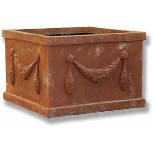 Square planter with ornate Baroque garland reliefs and classical old world European detailing on all sides.