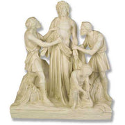 Classical Renaissance-style sculpture depicting three men and a central figure in an ornate, old world European composition. Side View