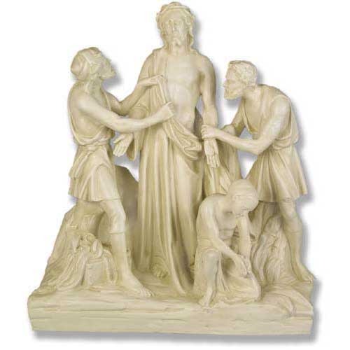 Classical Renaissance-style sculpture depicting three men and a central figure in an ornate, old world European composition. Side View