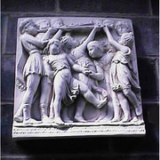 Classical Greek-style relief sculpture depicting six figures in flowing robes engaged in a dynamic, ceremonial scene. Different Angle