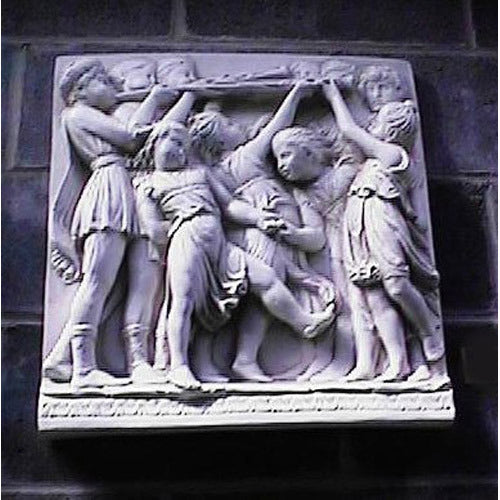 Classical Greek-style relief sculpture depicting six figures in flowing robes engaged in a dynamic, ceremonial scene. Different Angle