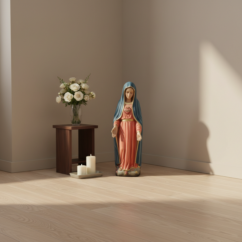 Madonna statue in classical old world European style, featuring ornate robes and serene expression with hands extended downward. Side Angle