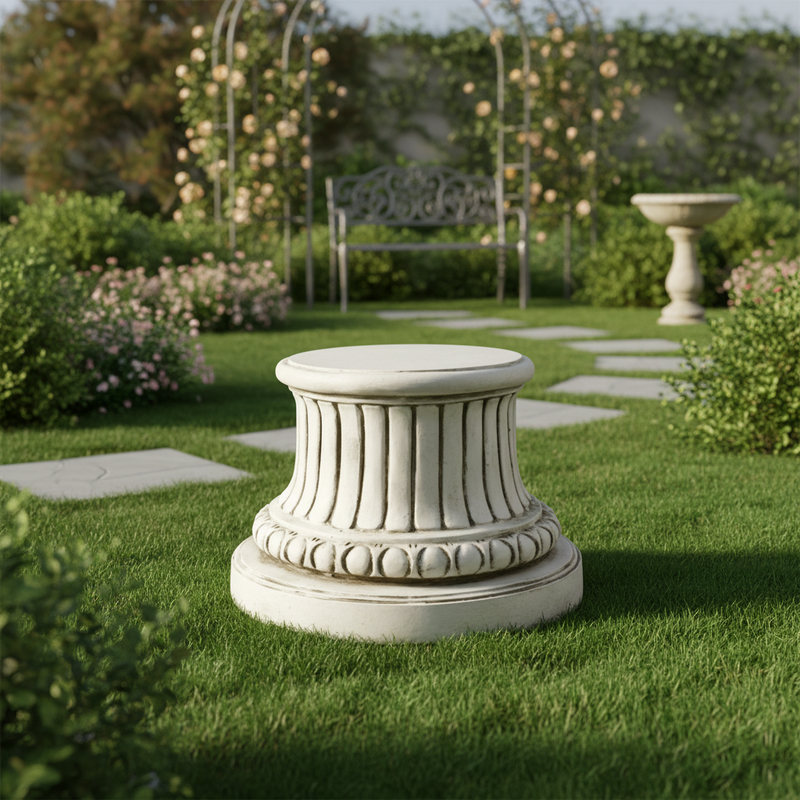 Classical pedestal base with fluted column design and ornate egg-and-dart detailing, inspired by old world European architecture. Side Angle