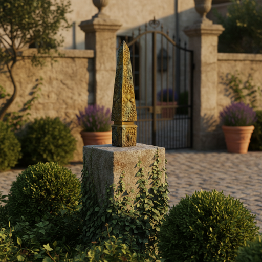 Obelisk sculpture with ornate, old world European detailing and textured Baroque-inspired surface, featuring classical geometric form. Side Angle