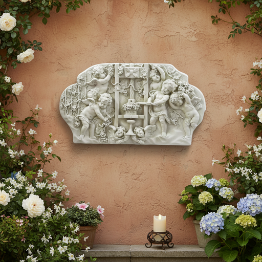 Baroque wall plaque featuring ornate cherubs, grapevines, and classical motifs in an old world European relief style. Side Angle