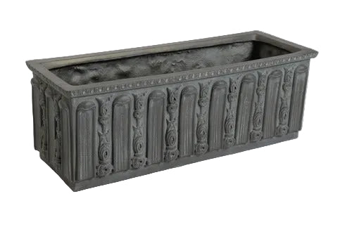 Rectangular planter with ornate Gothic arches and classical floral motifs in an old world European architectural style.