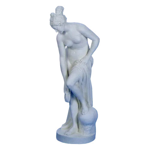 Classical Greek-style female statue in a graceful pose, draped in flowing robes, with ornate detailing and elegant posture.