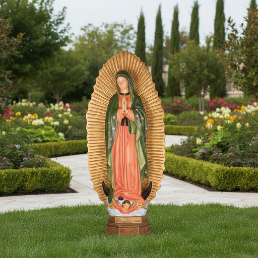 Virgin Mary statue in classical old world European style, ornate gold halo, hands in prayer, standing on crescent moon with angel. Side Angle