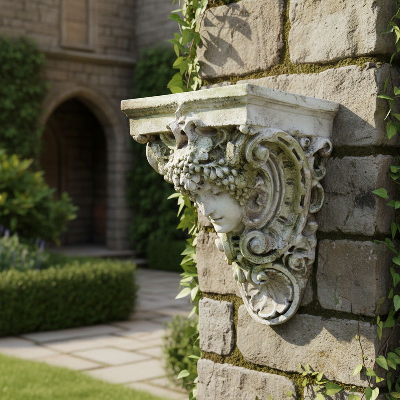 Ornate Baroque wall bracket with classical female face, intricate scrollwork, and grapevine detailing in old world European style. Side Angle