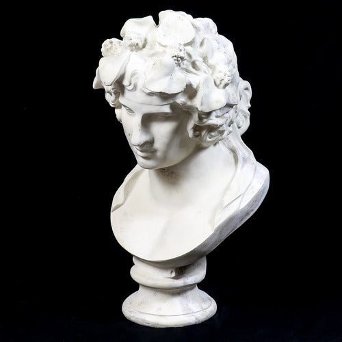 Classical Greco-Roman style bust with ornate floral crown and serene facial expression, inspired by Renaissance sculpture. Side Angle