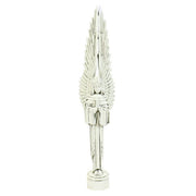 Winged angel statue with elongated, symmetrical wings and classical, old world European ornate detailing in a standing pose. Side View