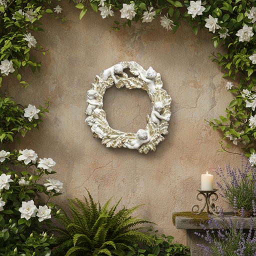 Ornate Baroque-style wreath adorned with classical cherubs and intricate leaf detailing in an old world European design. Side Angle