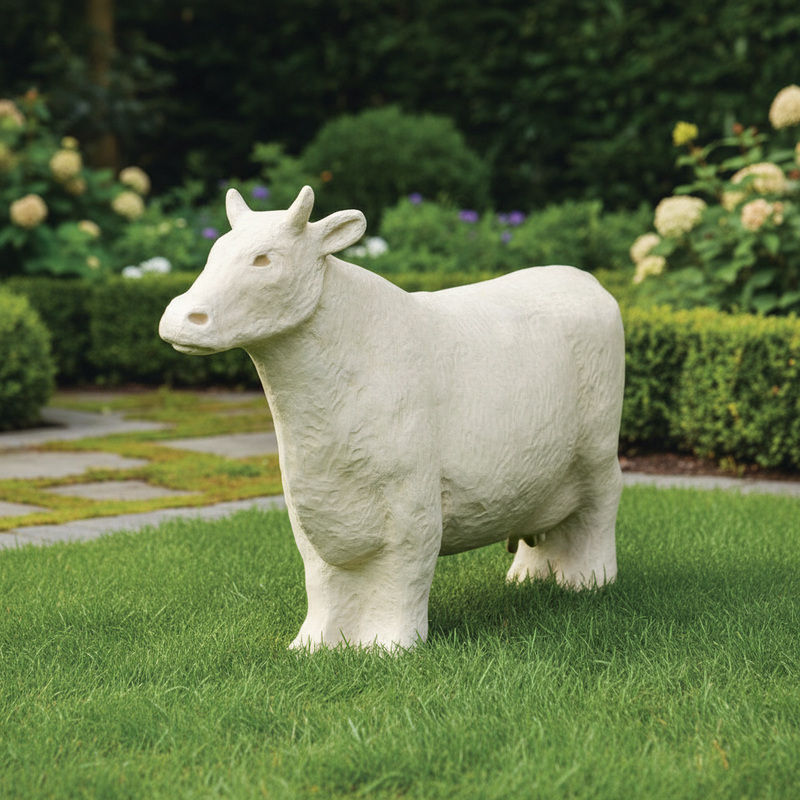 Classical old world European cow statue with detailed fur texture and stylized features in a traditional sculptural style. Side Angle
