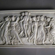 Classical Greek-style relief plaque featuring dancing figures and musicians in an ornate, old world European composition. Other Angle