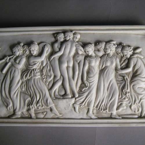 Classical Greek-style relief plaque featuring dancing figures and musicians in an ornate, old world European composition. Other Angle