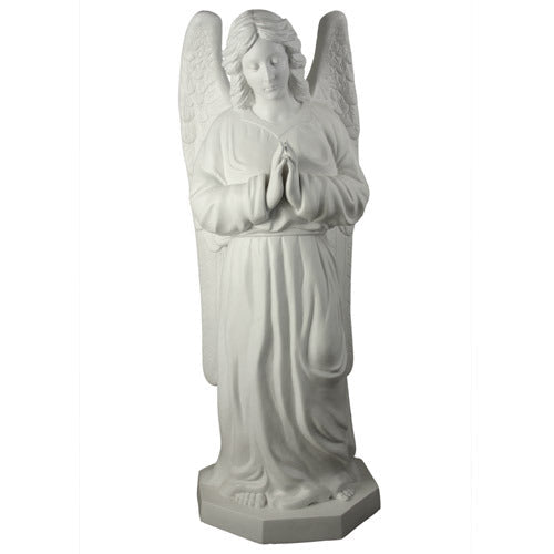 Angel statue with folded hands, flowing robes, and detailed wings in a classical old world European style with ornate features. Side View