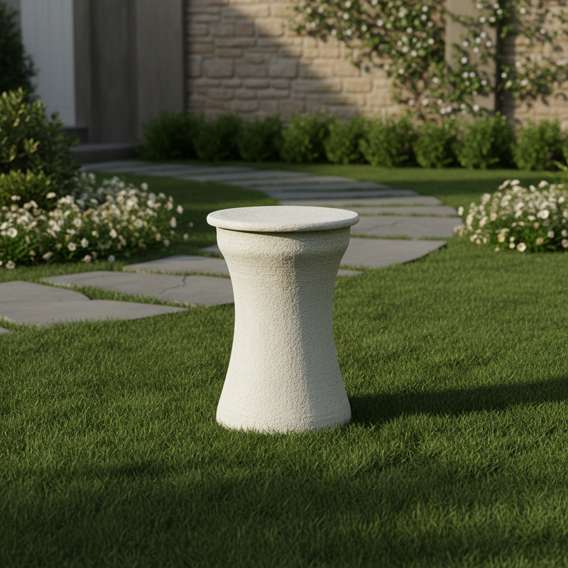 Pedestal table with a flared base and rounded top, featuring classical old world European design and subtle ornate detailing. Side Angle