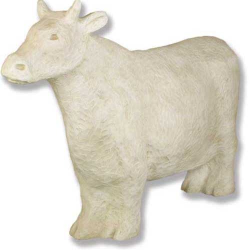 Classical old world European cow statue with detailed fur texture and stylized features in a traditional sculptural style.