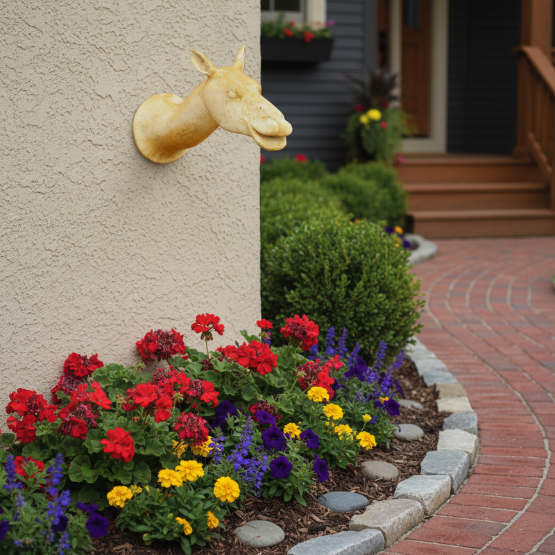 Horse head wall sculpture with elongated features, classical old world European style, subtle ornate detailing, Renaissance influence. Side Angle