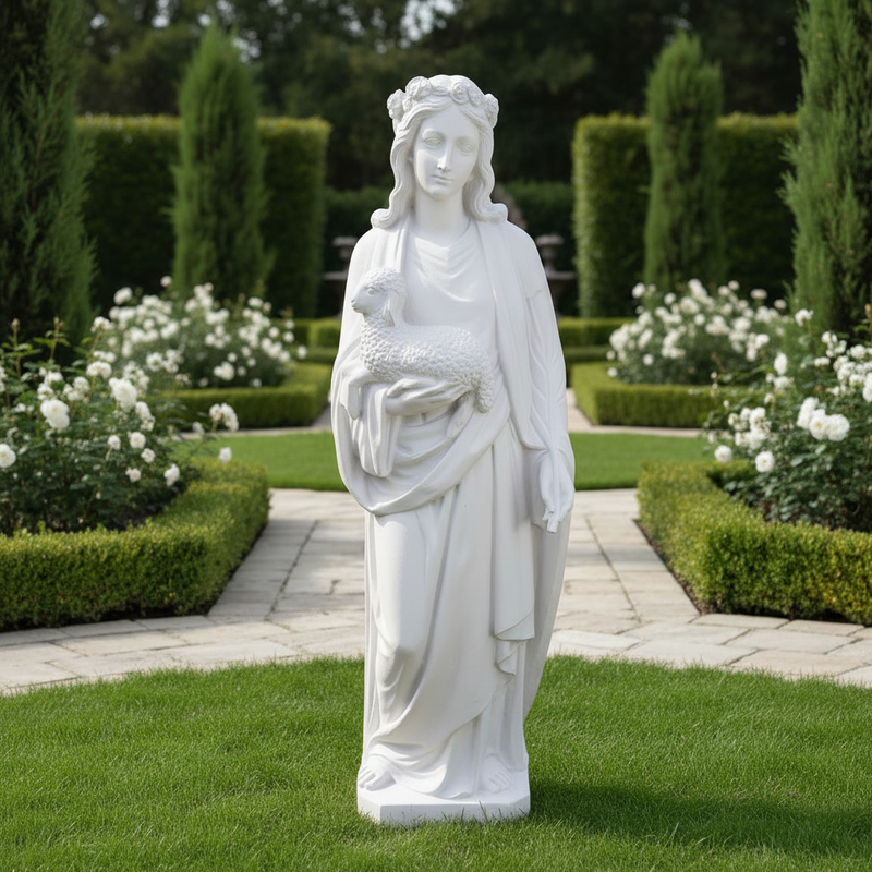 Classical Renaissance-style female statue holding a lamb, featuring ornate drapery and serene facial expression. Different Angle