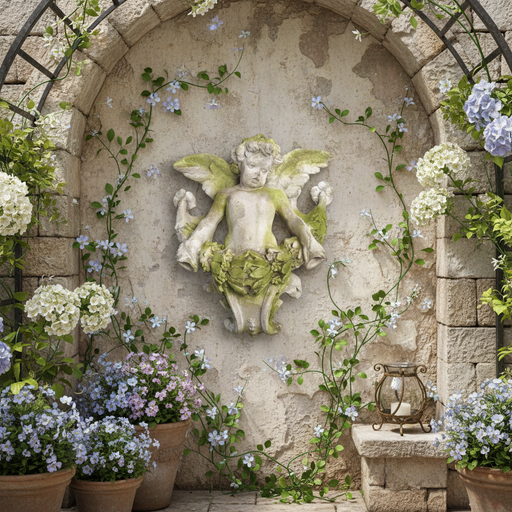 Baroque cherub wall sculpture in a stone alcove, surrounded by ornate floral vines and potted flowers in an old world European garden.