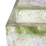 Stacked square pedestals with weathered, old world European style and ornate, classical detailing, featuring a mossy aged finish. Different Angle