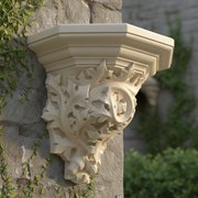 Ornate wall corbel with classical Baroque scrollwork and acanthus leaf detailing in an old world European architectural style. Side Angle