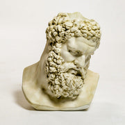 Classical Greek-style bust planter with ornate curly hair and beard, featuring white flowers and green foliage emerging from the top Other Angle