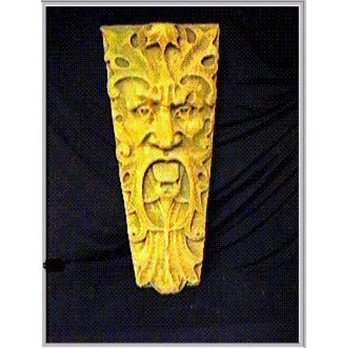 Grotesque face wall plaque with ornate, old world European Baroque detailing and dramatic, stylized facial features.