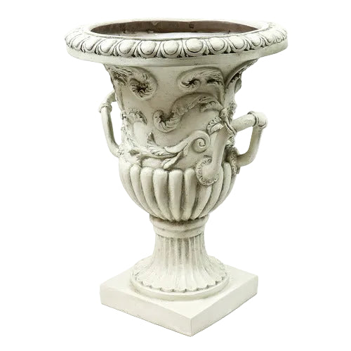 Ornate urn planter with classical Baroque detailing, acanthus leaf motifs, and scroll handles on a pedestal base. Side View