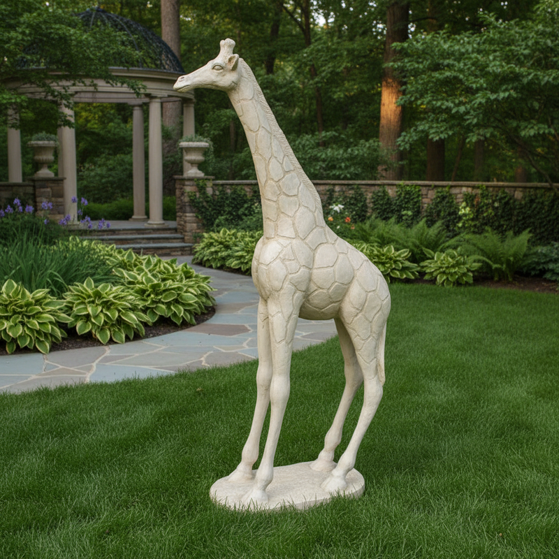 Giraffe sculpture with elongated neck and legs, featuring ornate, old world European detailing and classical textured patterns. Side Angle