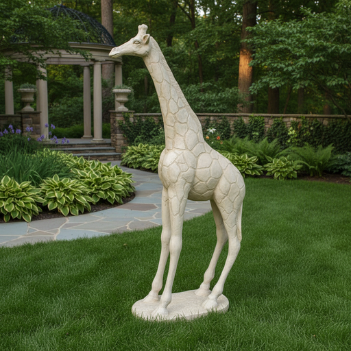 Giraffe sculpture with elongated neck and legs, featuring ornate, old world European detailing and classical textured patterns. Side Angle
