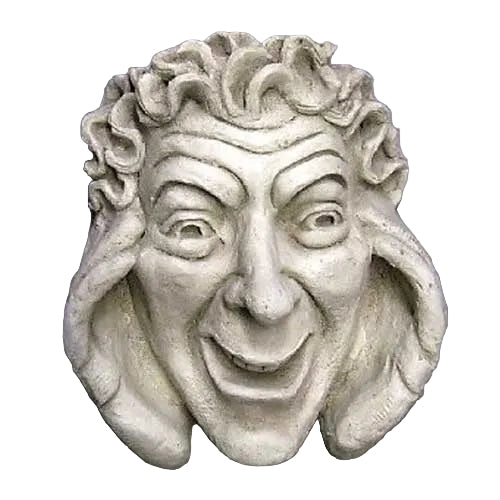 Grotesque theatrical mask with exaggerated features and curly hair, inspired by classical and old world European styles.