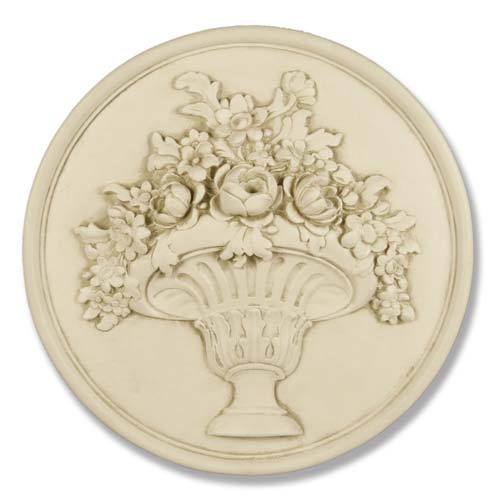 Ornate round medallion featuring a classical Baroque floral basket relief with intricate old world European detailing. Side View
