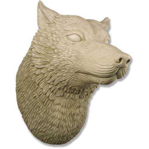 Wolf head sculpture with detailed fur and classical, old world European style, featuring strong, lifelike medieval features.