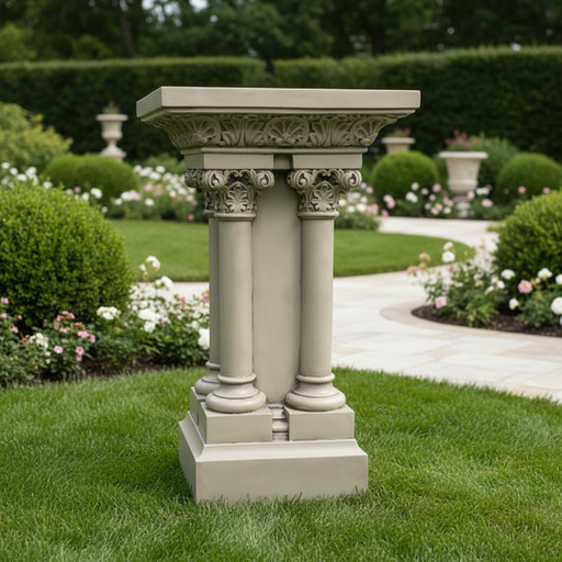 Classical pedestal with ornate Corinthian columns and intricate old world European detailing in a Renaissance architectural style. Side Angle