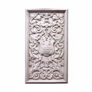 Ornate rectangular wall panel featuring classical Baroque scrollwork, floral motifs, and a central heraldic crest in old world European style.