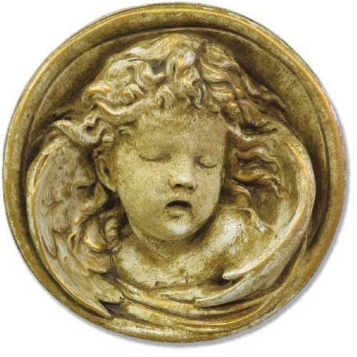 Cherub relief with closed eyes and flowing hair, surrounded by ornate Baroque scrollwork in old world European style.
