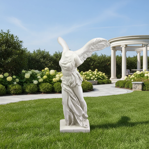 Winged classical Greek statue with flowing drapery and detailed, ornate sculptural style, inspired by ancient European art. Side Angle