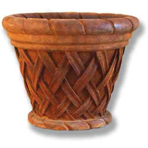 Ornate old world European planter with classical woven lattice pattern and rounded rim, featuring a Renaissance-inspired design.