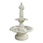 Saint statue fountain with ornate scalloped basin, classical pedestal, and old world European Renaissance-inspired detailing.