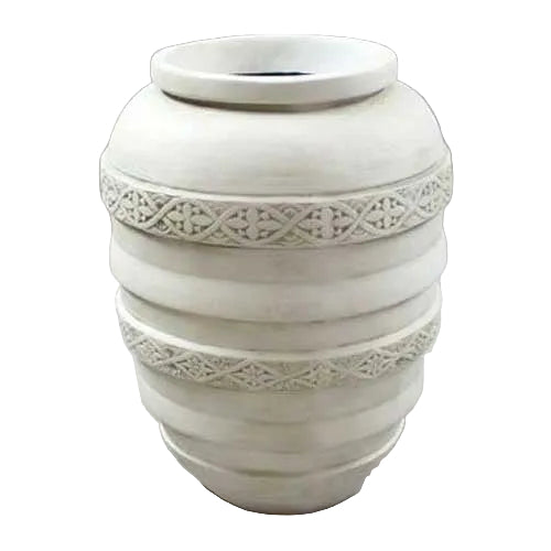 Ornate old world European vase with classical rounded form and intricate Renaissance-inspired banded detailing.