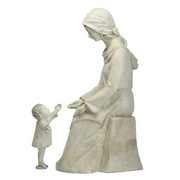 Seated woman in classical robe with head covering, reaching out to a standing child in an old world European style. Side View