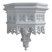 Ornate Gothic wall shelf with pointed arches, quatrefoil motifs, and classical old world European architectural detailing.